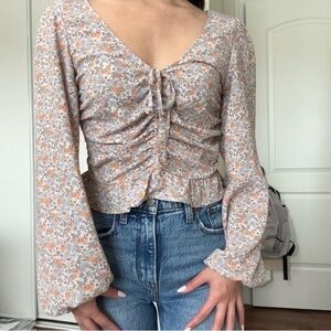 Women’s‎ H&M Floral V-Neck Drawstring Blouse Stretch Back Ruched side small